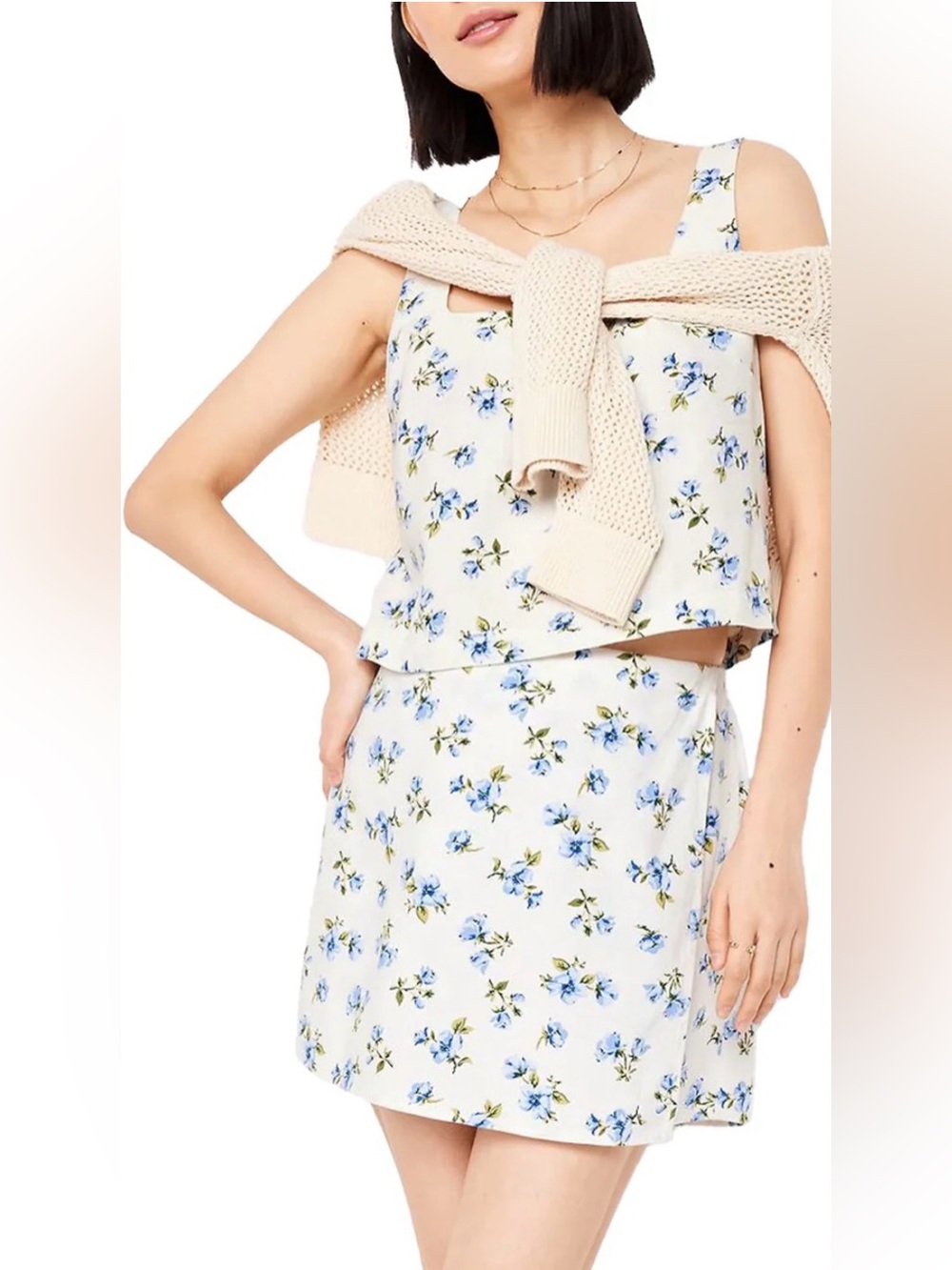NEW Old Navy Linen Blend Floral Blue & Cream Two-Piece Skort & Top Set Size S